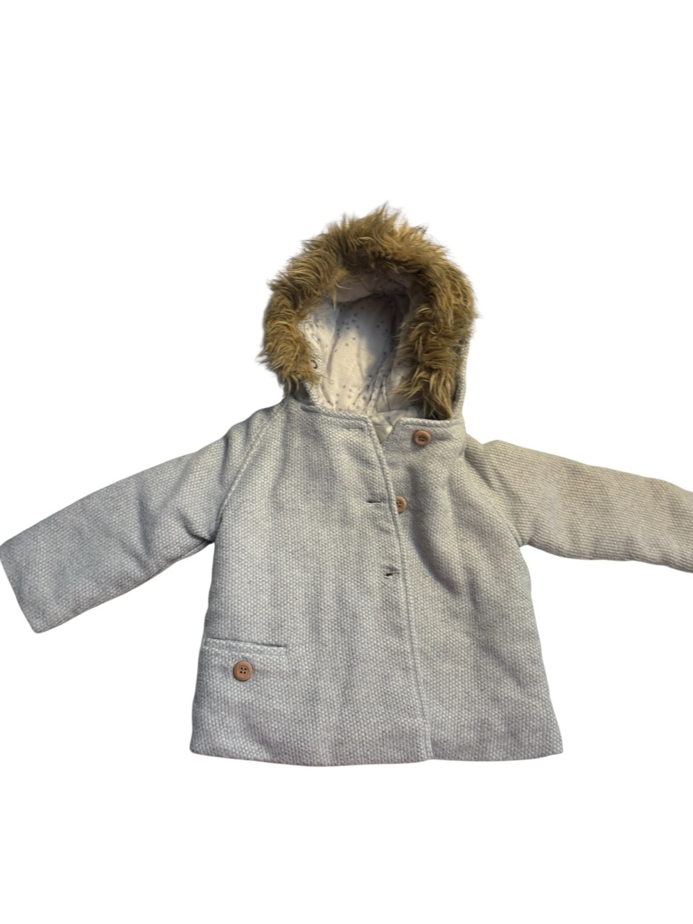Jessica Simpson Jacket 18 Months Cream & Gray Hooded Tan Faux-Fur Trim Button-Up